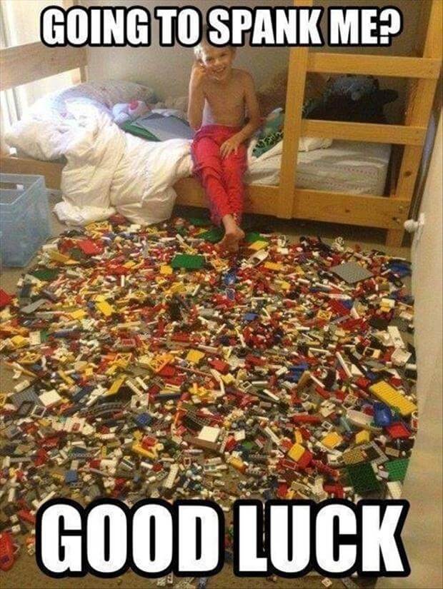 Messy room with LEGOs on the floor